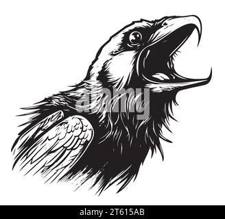 Hand drawn face of crow. Raven tattoo illustration mascot art bird. Wild birds Stock Vector
