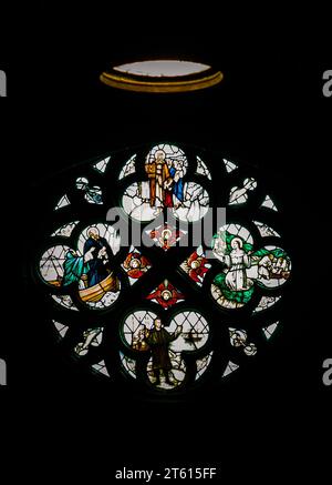 Liverpool, England - Oct 07, 2023 - Silhouette of Stained glass window, Pattern of Medieval gothic rose window in Liverpool cathedral, Inside view, Sp Stock Photo