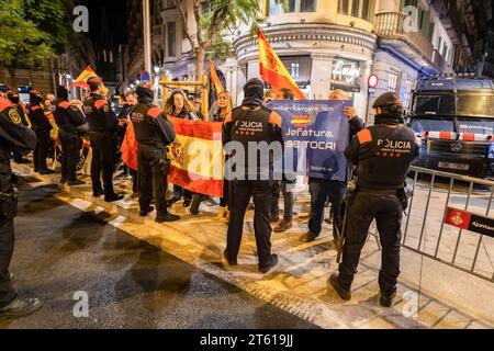 Barcelona, Spain. 07th Nov, 2023. Spanish nationalists are seen behind a police line during the demonstration. About fifty Spanish nationalists with flags have tried to break up an event called by the Dignity Commission in front of the Vía Laietana police station to demand that the police station, the former Francoist police headquarters, be converted into an Interpretation and Memory Center of Repression . Credit: SOPA Images Limited/Alamy Live News Stock Photo