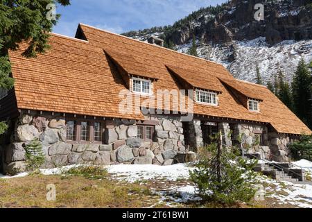 Crater Lake, OR, USA - October 13, 2023; Crater Lake Administrative building of traditional rough stone and wooden roof Stock Photo