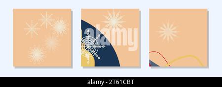 Square winter post templates for social networks. Golden Christmas ball and snowflakes on a light pink abstract background. Christmas winter theme. Banner design. Vector illustration. Stock Vector