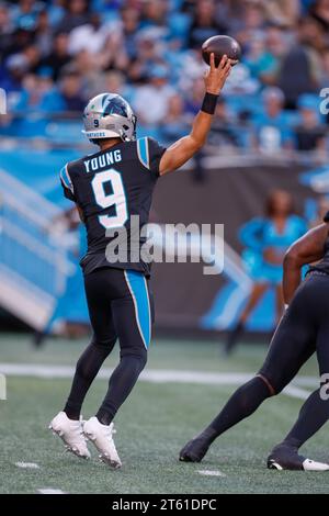 Charlotte, NC, USA: Carolina Panthers quarterback Bryce Young (9) passes the ball during an NFL game against the Indianapolis Colts at Bank of America Stock Photo