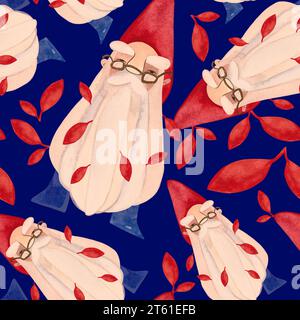 Autumn gnomes. Watercolor seamless pattern for fabrics, home textiles, clothes and wrapping paper. Fairytale vintage style. Dark blue backgroun Stock Photo