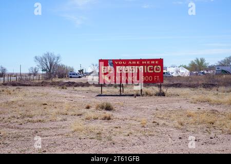 Marfa, Texas - March 1, 2019: El Cosmico You Are Here entrance billboard sign in Marfa Stock Photo