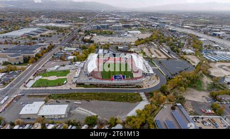 Sandy, UT, USA. 6th Nov, 2023. Aerial view of America First Field, home of the Real Salt Lake and National Women's Soccer League Club, Utah Royals FC. (Credit Image: © Walter G Arce Sr/ASP) EDITORIAL USAGE ONLY! Not for Commercial USAGE! Stock Photo