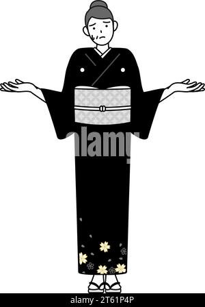 New Year's greeting and weddings, Senior woman in kimono in trouble shrugging her shoulders and spreading her hands, Vector Illustration Stock Vector