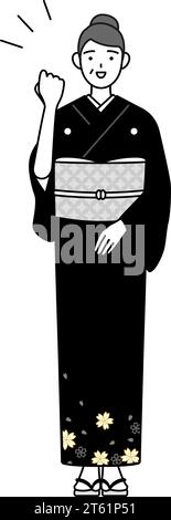 New Year's greeting and weddings, Senior woman in kimono posing with guts, Vector Illustration Stock Vector