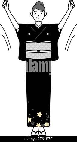 New Year's greeting and weddings, Senior woman in kimono doing radio calisthenics, preparation for accident prevention, Vector Illustration Stock Vector