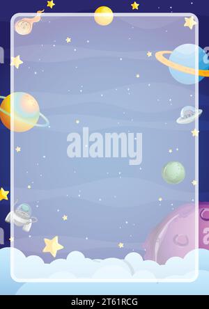 A vibrant vector cartoon illustration of outer space with multiple planets, featuring a decorative border frame template Stock Vector