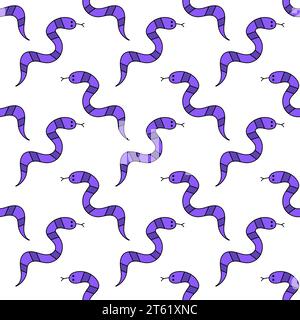 Seamless hand drawn vector pattern with purple striped snakes. Vector flat illustration background. Stock Vector