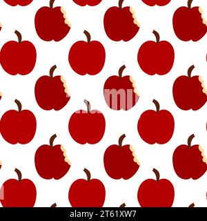 Red whole and bitten Apples seamless pattern. Eco farming fruit. Harvesting background. Flat vector illustration. Stock Vector