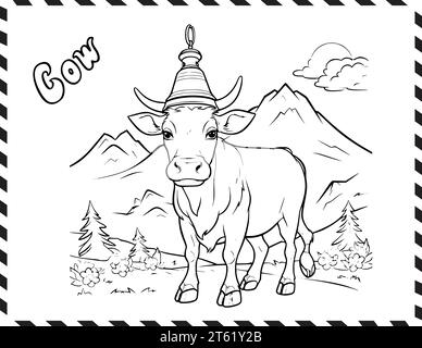 Cow With Bell Coloring Page for Kids Stock Vector