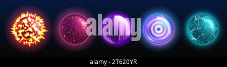 Fantasy glowing orb with magic power. Realistic vector illustration game assets set - colorful luminous globes of witch or wizard. Energy glass balls with neon light effect and shining plasma. Stock Vector