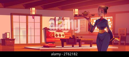 Young girl wearing traditional Chinese or Japanese kimono holds tray with teapot and cups in hand in room with tea ceremony table, door and window, sofa and traditional decorations. Cartoon vector. Stock Vector