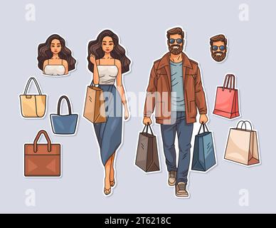 set stickers people in fashion brands outlet characters with clothes and accessories season big sale special offer promotion discount Stock Vector