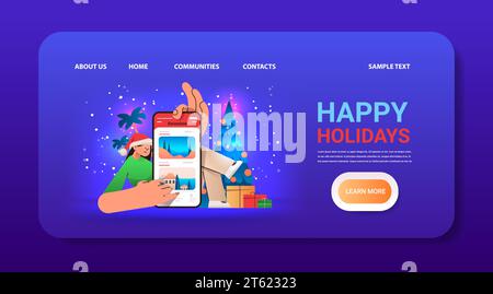 woman in santa claus hat selecting and booking excursions in mobile app on smartphone screen tour personal guide selection christmas holidays Stock Vector