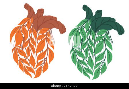 Vector clipart collection of a healthy and unhealthy human hearts made of leaves isolated from background. Set of internal organs for transplant. Eco Stock Vector