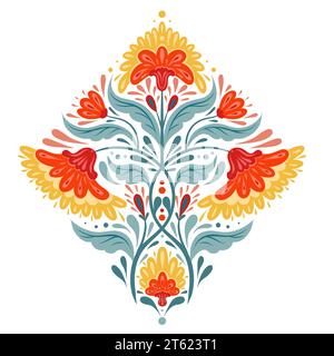 Vector folk art clipart of symmetrical red flowers and stems with foliage on isolated from background. Decorative illustration of floral composition Stock Vector