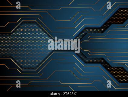 Dark blue and golden abstract technology background. Luxury glitter dots concept vector design Stock Vector