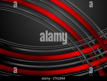 Red and black abstract glossy wavy stripes technology background. Vector design Stock Vector
