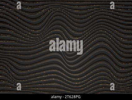 Black refracted waves and shiny golden dots abstract vector background Stock Vector