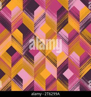 Abstract Geometric Seamless Pattern of Textured Squares and Chevrons Chaotically Colored in Yellow, Pink, Purple, Magenta and Mustard. Fashionable Bright Design for Wallpapers, Wrappings, Products  Stock Vector
