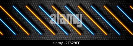 Futuristic perforated technology abstract background with blue orange neon glowing lines. Vector concept banner design Stock Vector