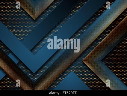 Dark blue and golden abstract tech geometric background. Luxury glitter dots concept vector design Stock Vector