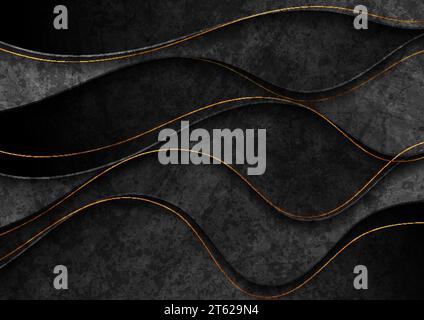 Black grunge corporate abstract wavy background with golden lines. Vector illustration Stock Vector