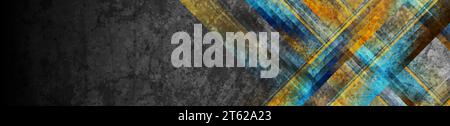 Blue orange glossy stripes on grunge grey background. Geometric tech vector banner design Stock Vector
