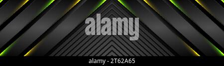 Abstract black stripes with green orange neon glowing light. Vector technology banner design Stock Vector