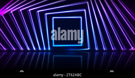 Blue and purple neon laser squares with reflection. Abstract technology background. Futuristic glowing vector design Stock Vector