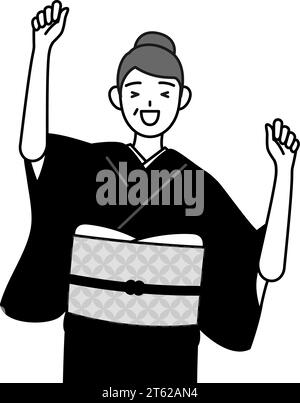 New Year's greeting and weddings, Senior woman in kimono smiling and jumping, Vector Illustration Stock Vector