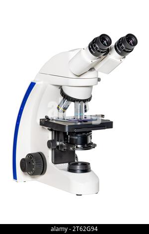 Trinocular microscope with camera, image isolated on white background. Stock Photo