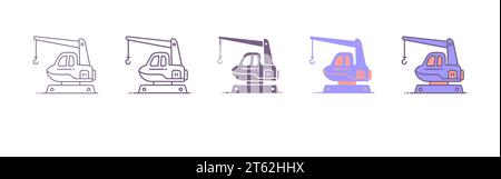 Crane icons set. Different types of cranes, linear icon collection. Cargo, construction, rail and other industrial cranes for construction. Stock Vector
