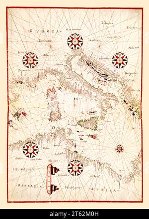 Old portolan chart of  Central Mediterranean. By Oliva, publ. ca. 1590 Stock Photo