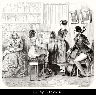 Old illustration depicting family members in concert. By Armstrong, publ. on Magasin Pittoresque, Paris, 1849 Stock Photo