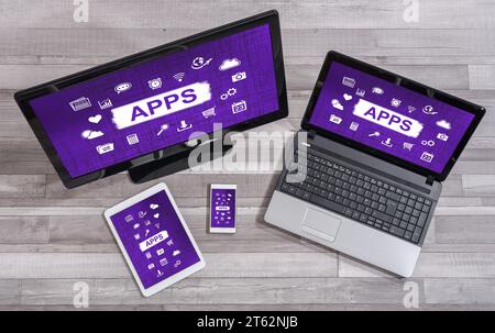Apps concept shown on different information technology devices Stock Photo