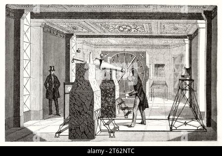 Old illustration of astronomic observatory interior. By unidentified author, publ. on Magasin Pittoresque, Paris, 1849 Stock Photo