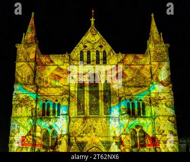 Salisbury Cathedral, Salisbury, Wiltshire, UK. 7th Nov, 2023. Salisbury Cathedral exterior is illuminated under the stars by Sarum Lights:Illuminating Art, a light and sound spectacular from Luxmuralis exploring art across the centuries. The event runs from 7 November to the 11 November 2023. Credit: Tom Corban/Alamy Live News Stock Photo