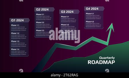 Roadmap with upward trend arrow and stages on dark purple background. Timeline infographic template for business presentation. Vector illustration. Stock Vector