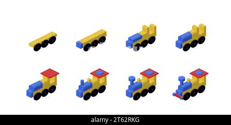 Stage-by-stage construction of a steam locomotive. Vector Stock Vector