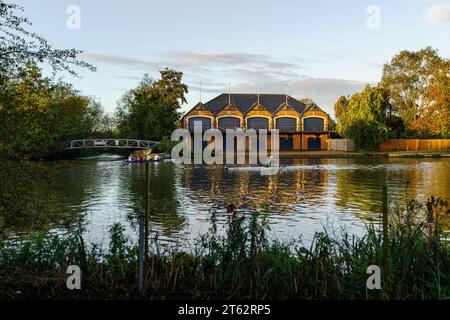 early morning on the River Thames, Oxford, England, UKwith college boathouse, Stock Photo