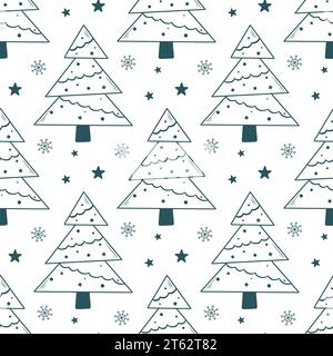 Hand drawn Christmas seamless pattern. Cute holiday background with fir trees, stars and snowflakes doodle sketch style. Ink New Year print Stock Vector