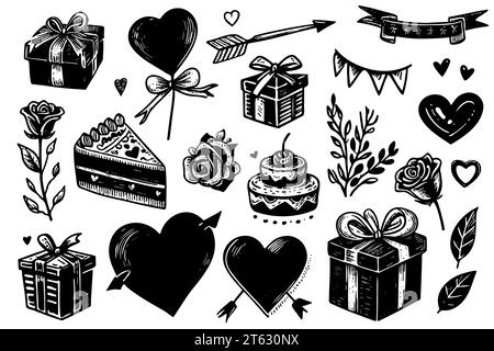 Hearts Saint Valentine Day design elements. sketch set hand drawn design elements for valentines, gift tags, greeting cards. Stock Vector