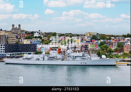 Royal Navy ship; HMS Portland, F79, a Type 23 Duke Class frigate moored in St Johns harbour, Newfoundland, Canada Stock Photo