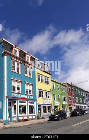 Colourful houses, or ' jelly bean ' houses, Street scene, Posie Row, Duckworth St, St Johns, Newfoundland Canada. Traditional architecture. Stock Photo