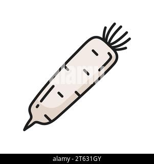 Raw vegetable white radish isolated daikon vegetable root color line icon. Vector horseradish rhizome plant, fresh veggie with stem Stock Vector