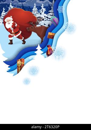 Christmas paper cut poster, santa with presents bag in winter forest. Vector xmas cover or greeting card template with 3d layered effect. Vertical blank banner with funny Father Noel carrying gifts Stock Vector