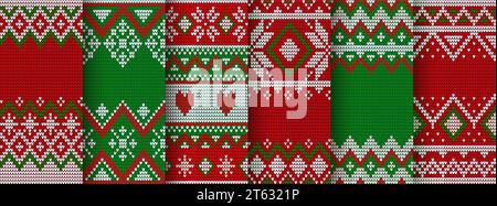 Christmas knit patterns, sweater texture. Vector seamless knitted background set with xmas and new year winter scandinavian ornaments in traditional red, white or green colors. Holiday festive crochet Stock Vector